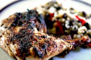 Oven Roasted Jerk Spiced Chicken with Black Bean Pineapple Rice