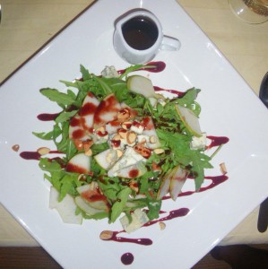 Arugula Salad, Gorgonzola, Pear, Toasted Almonds and Red Wine Dressing