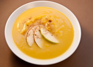 Creamy Butternut Squash Soup with Caramelized Apple and Walnuts